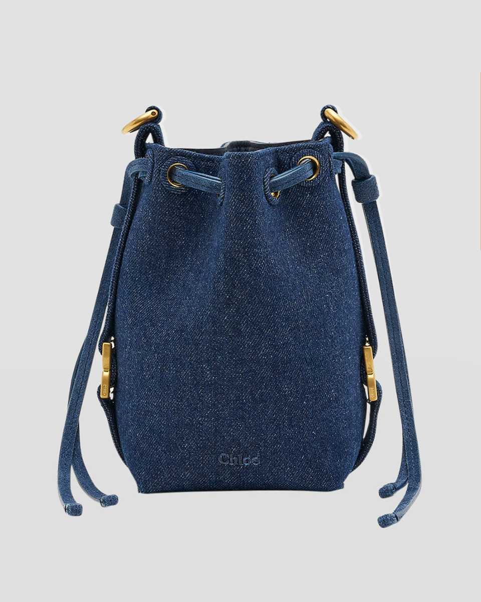 Marcie Micro Bucket Bag in Denim with Chain Strap